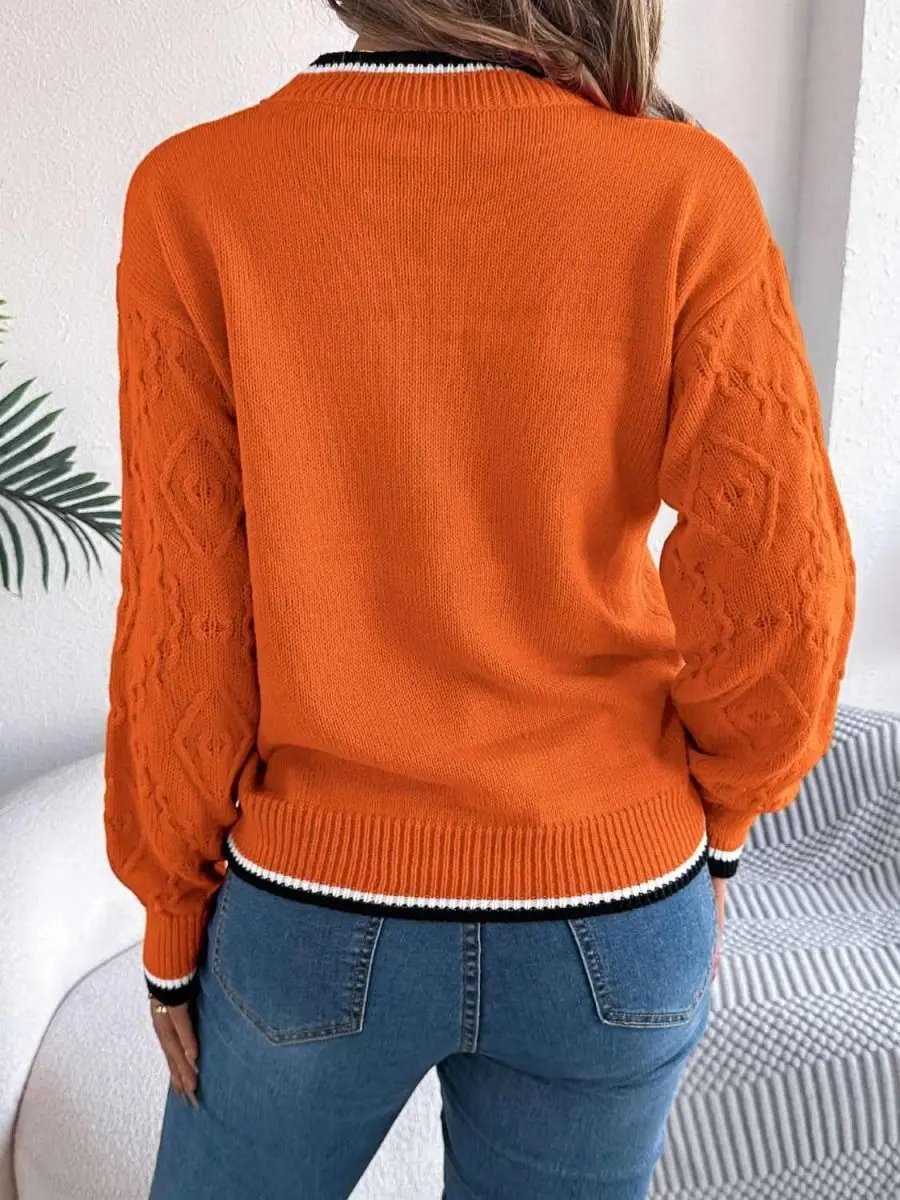Contrast Trim Round Neck Long Sleeve Sweater - Love Salve